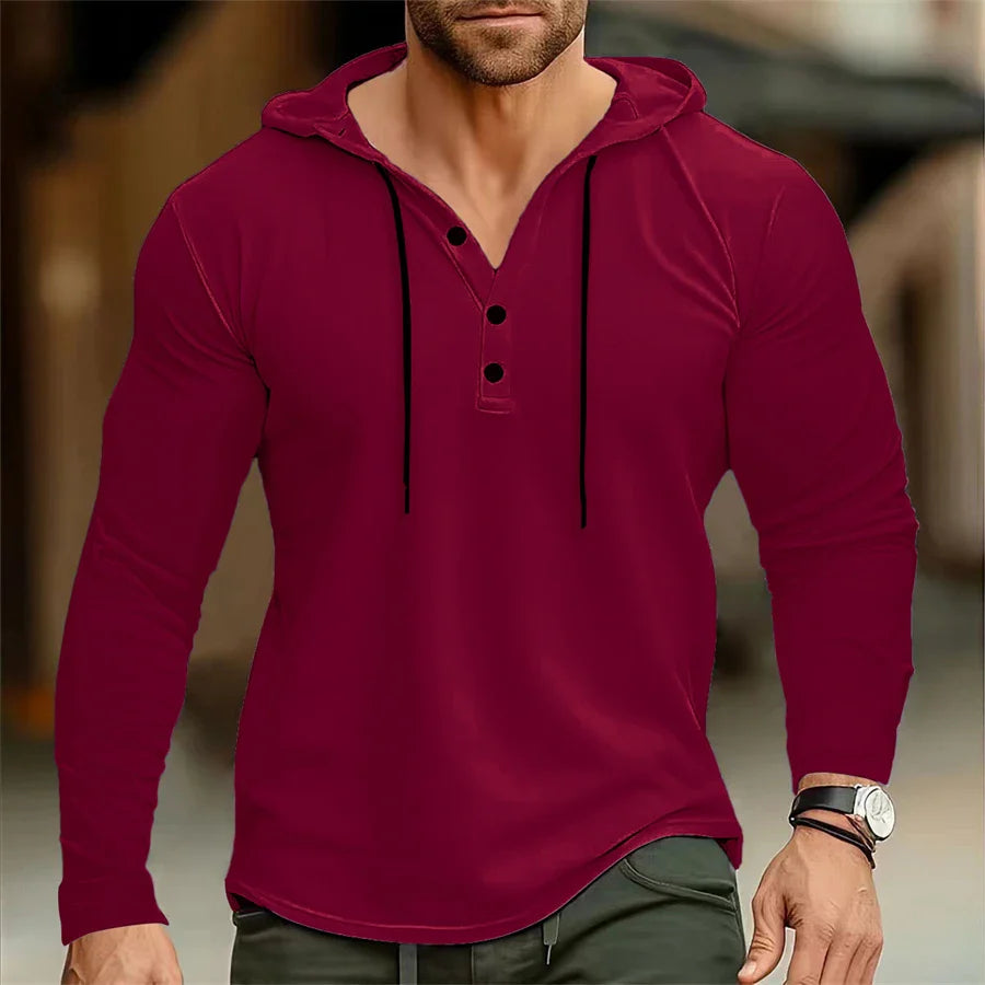 Hoodies- Casual Muscle-Fit Hoodie Athletic Fit Henley Pullover- - IndioGear