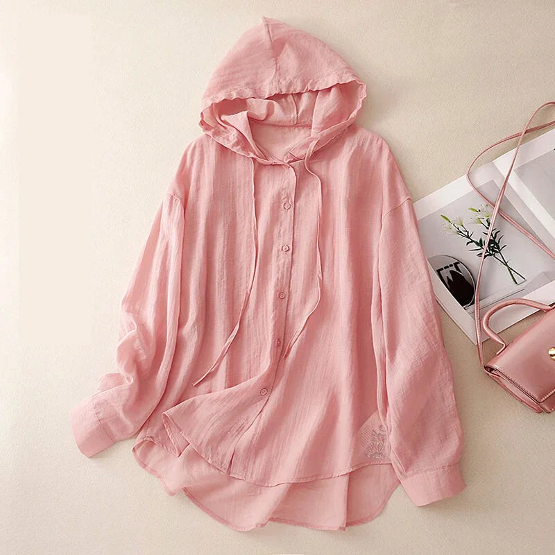 Hoodies- Textured Hooded Loose Long Sleeve Shirt- Pink- IndioGear.com