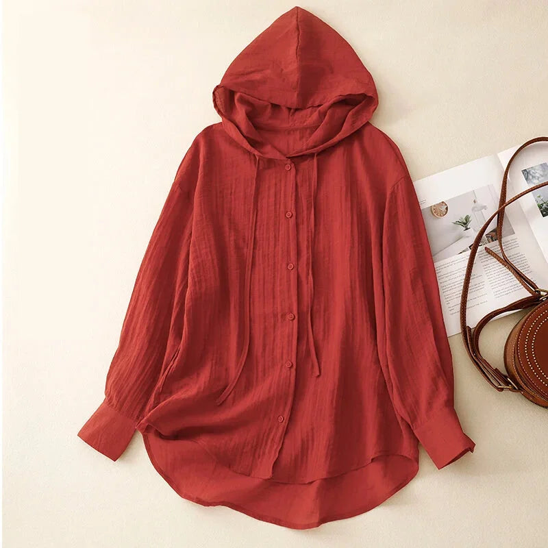 Hoodies- Textured Hooded Loose Long Sleeve Shirt- Red- IndioGear.com