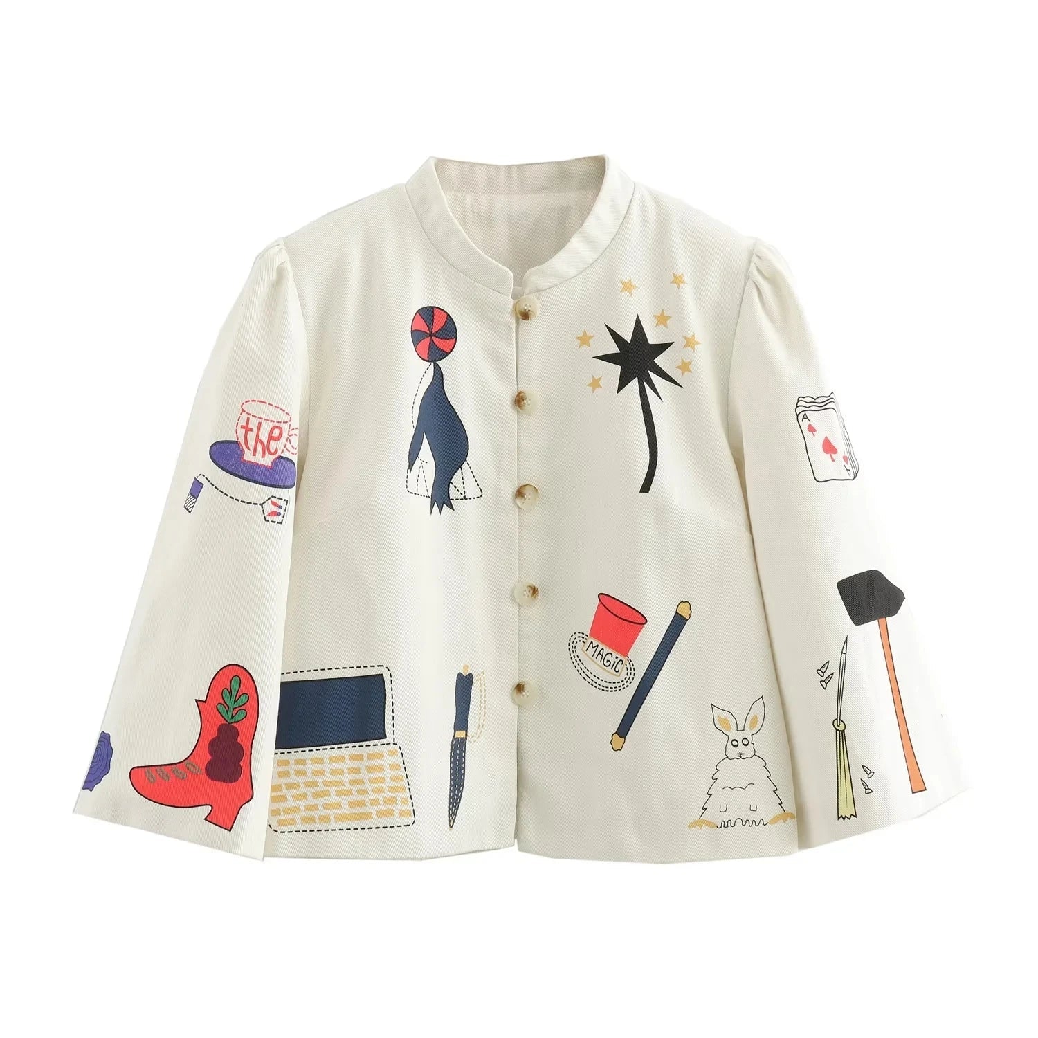 Jackets- Artistic Creative Soul Mandarin Collar Jacket- White- Chuzko Women Clothing