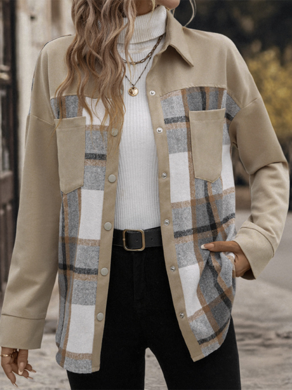 Jackets- Beige Plaid Single-Breasted Coat-Jacket- - IndioGear.com