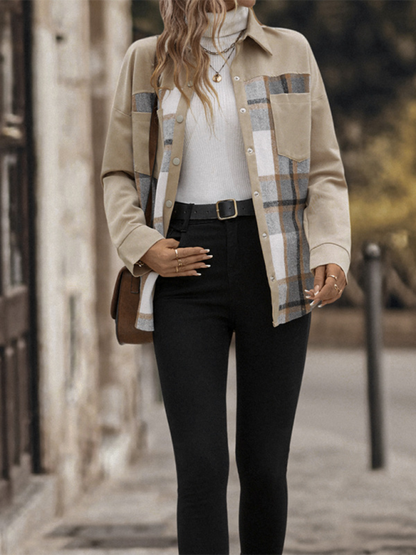 Jackets- Beige Plaid Single-Breasted Coat-Jacket- - IndioGear.com