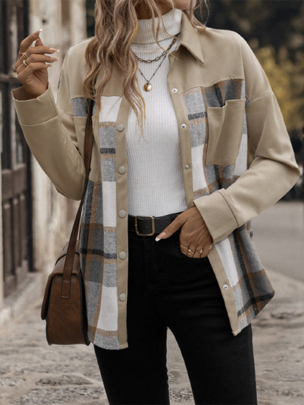 Jackets- Beige Plaid Single-Breasted Coat-Jacket- Khaki- IndioGear.com