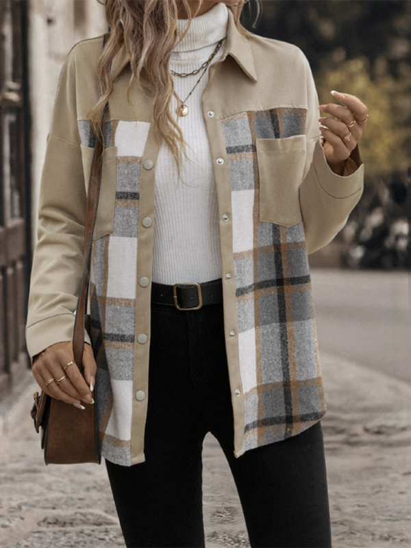 Jackets- Beige Plaid Single-Breasted Coat-Jacket- - IndioGear.com