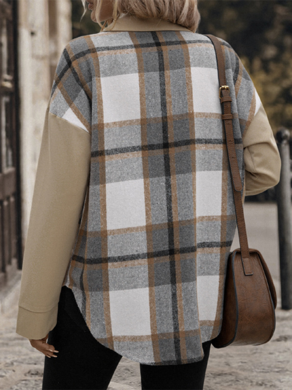 Jackets- Beige Plaid Single-Breasted Coat-Jacket- - IndioGear.com