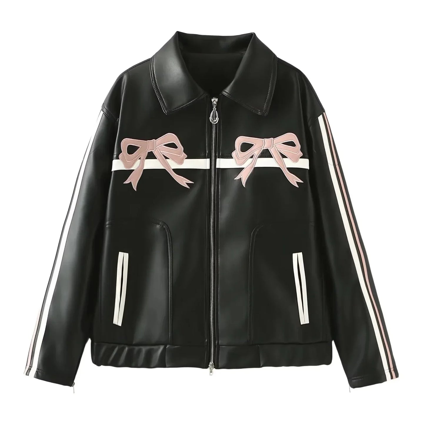 Jackets- Bow-Detailed Leather Jacket for Women- Pink- IndioGear.com