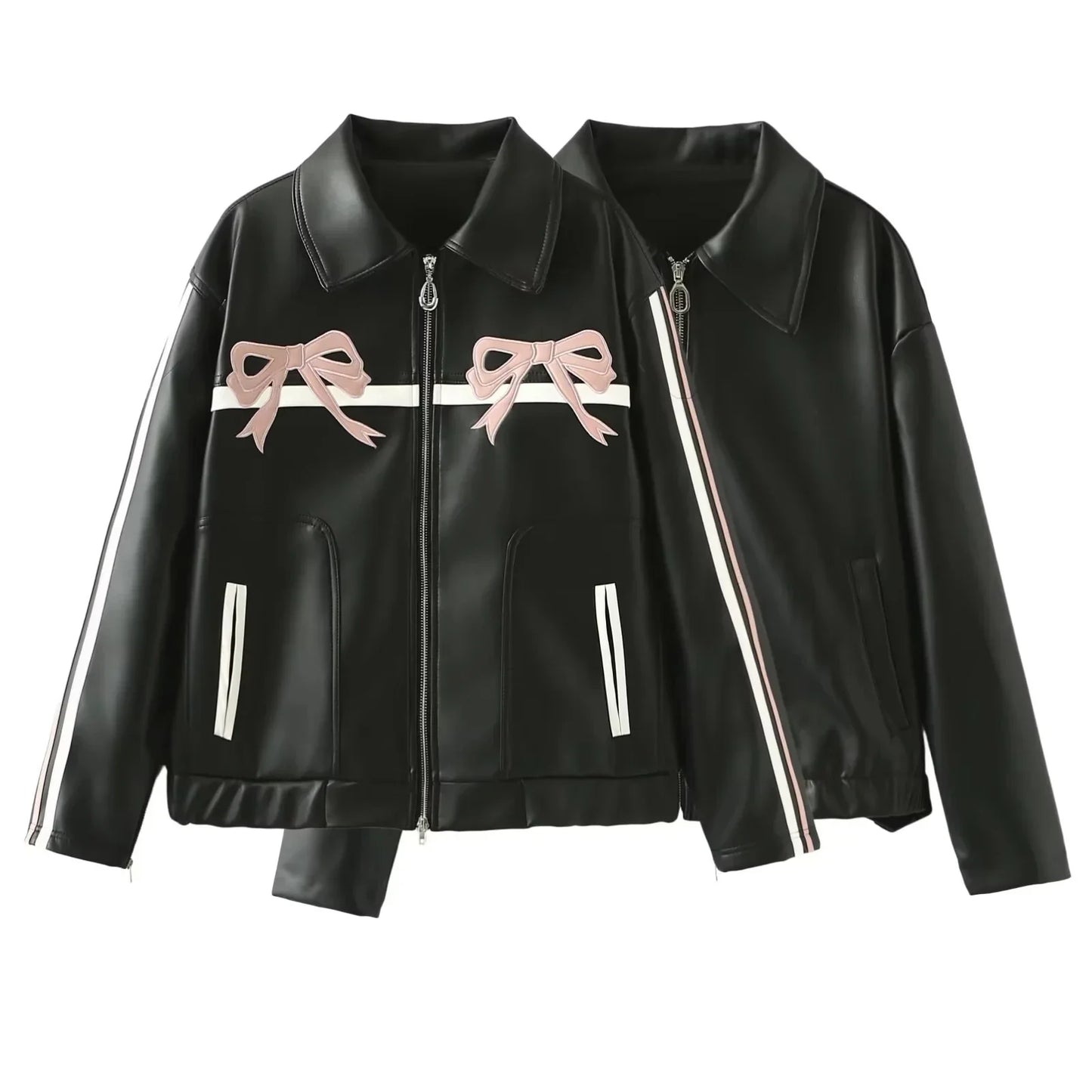 Jackets- Bow-Detailed Leather Jacket for Women- - IndioGear.com