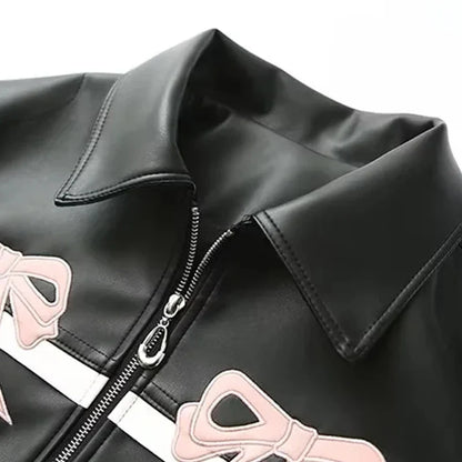 Jackets- Bow-Detailed Leather Jacket for Women- - IndioGear.com