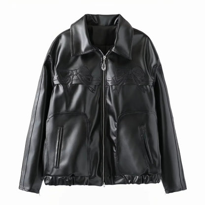 Jackets- Bow-Detailed Leather Jacket for Women- Black- IndioGear.com