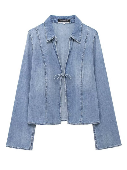 Jackets- Denim Tie-Front Jacket for Women- Blue- IndioGear.com