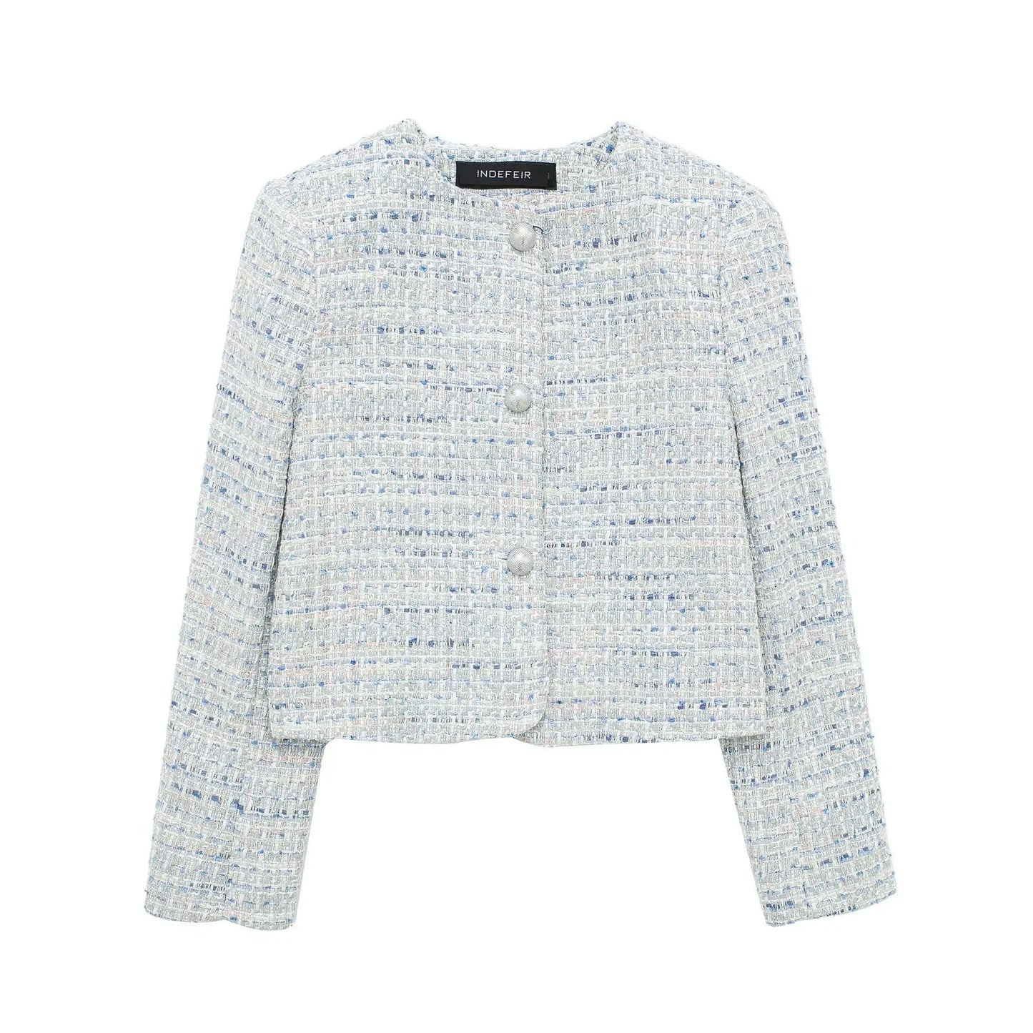 Jackets- Elegant Tweed Cropped Jacket- Gray Blue- Chuzko Women Clothing