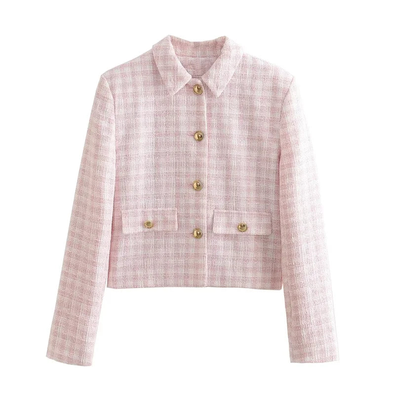 Jackets- Elegant Tweed Jacket Outwear Buttoned Blazer- Pink- IndioGear.com