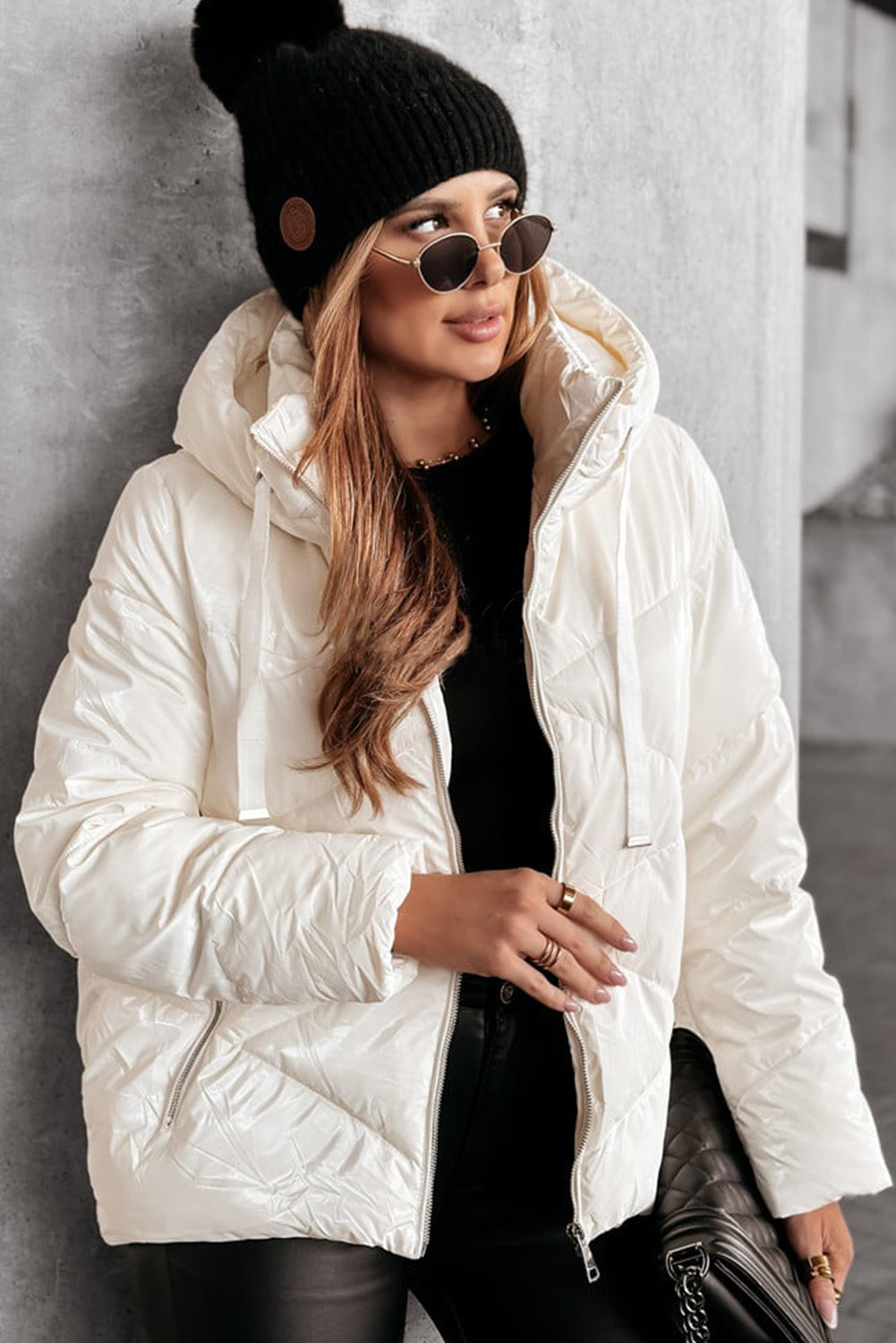 Jackets- Hooded Puffer Zip-Up Jacket Hip-Length Coat- - IndioGear Women Clothing