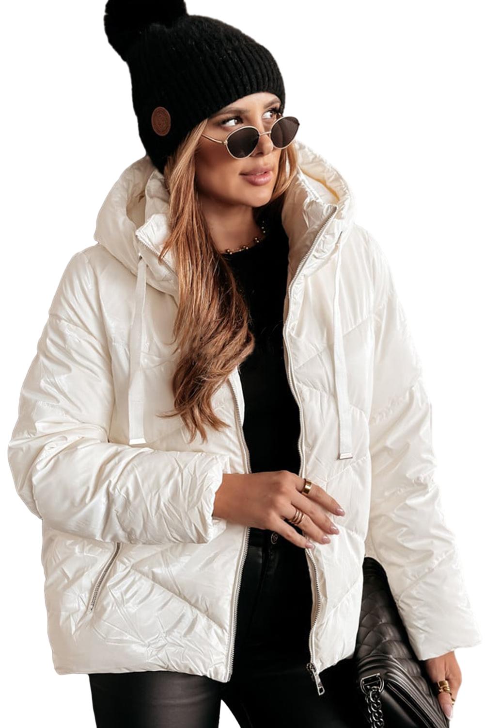 Jackets- Hooded Puffer Zip-Up Jacket Hip-Length Coat- - IndioGear Women Clothing