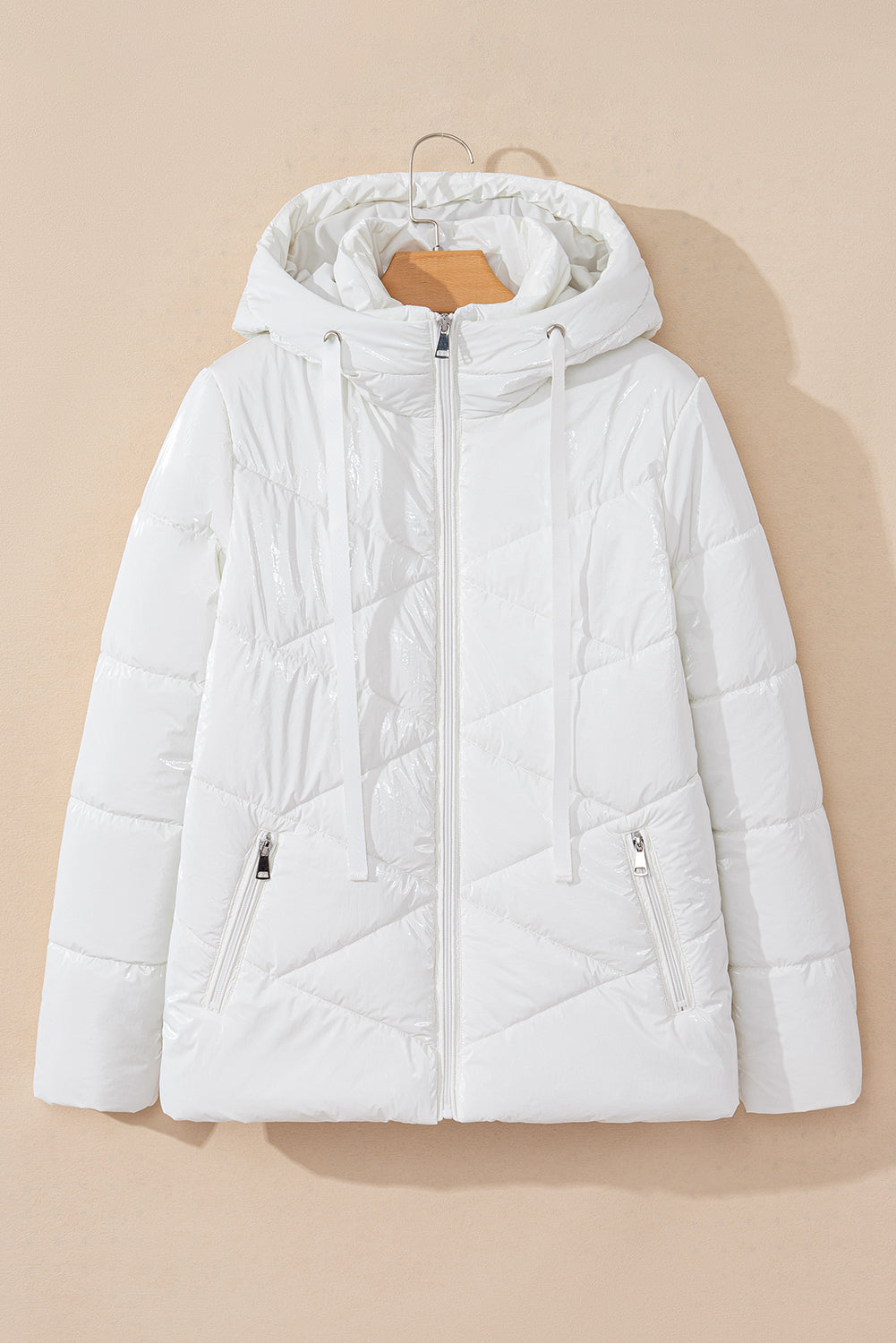 Jackets- Hooded Puffer Zip-Up Jacket Hip-Length Coat- - IndioGear Women Clothing