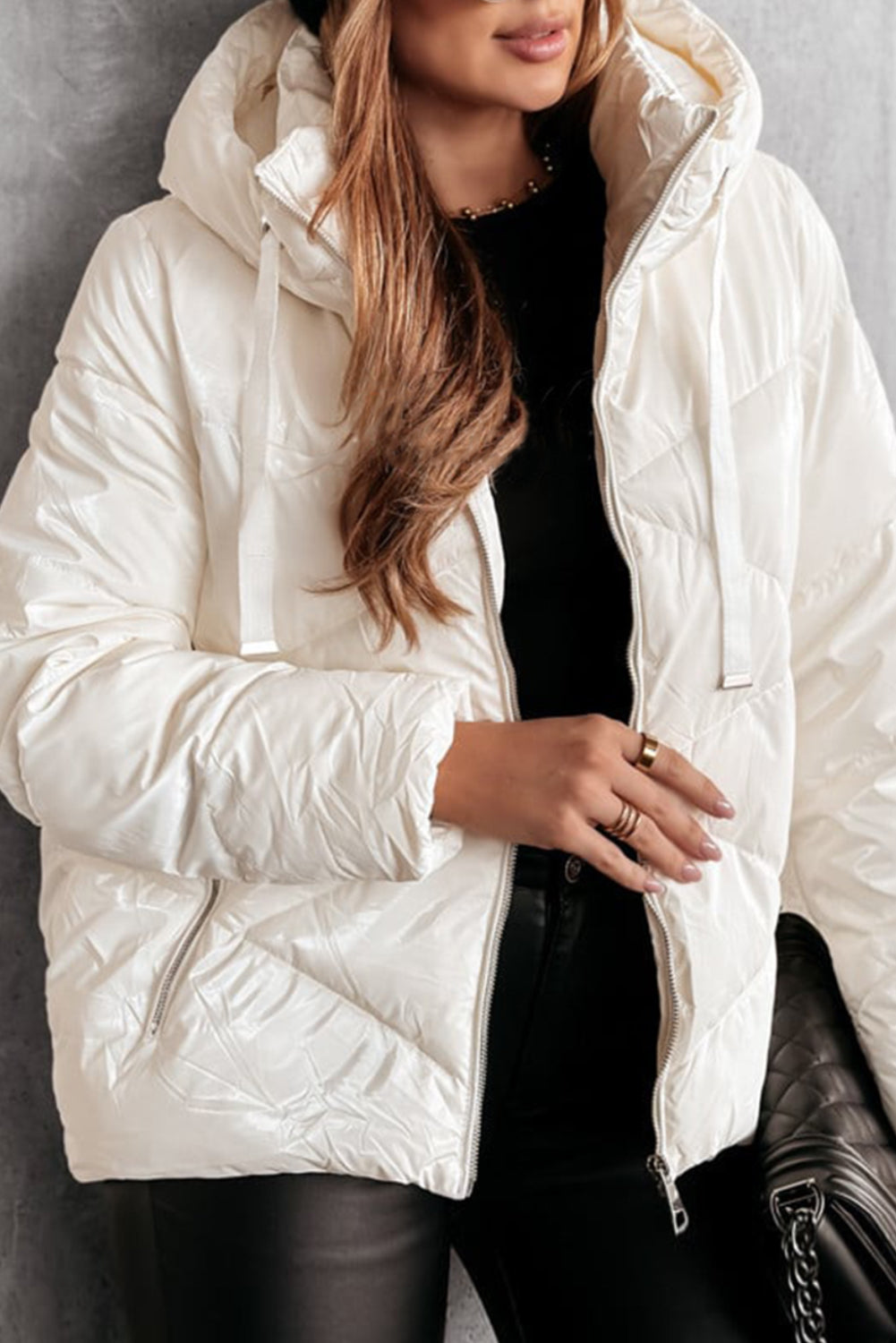 Jackets- Hooded Puffer Zip-Up Jacket Hip-Length Coat- White- IndioGear Women Clothing