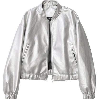 Jackets- Metallic Moto Women's Faux-Leather Jacket- Silver- IndioGear.com