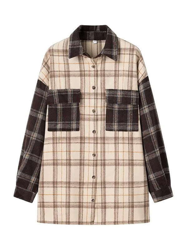 Jackets- Patchwork Plaid Shacket Autumn Shirt- - IndioGear Women Clothing