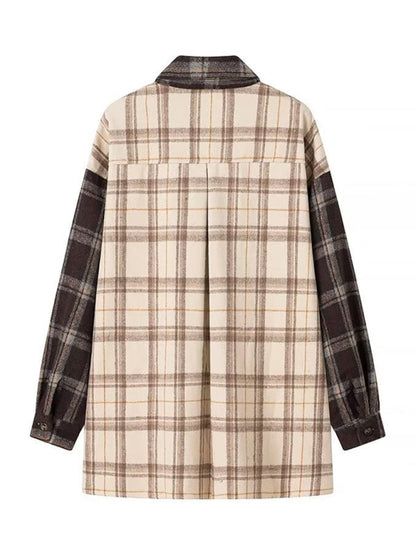 Jackets- Patchwork Plaid Shacket Autumn Shirt- - IndioGear Women Clothing