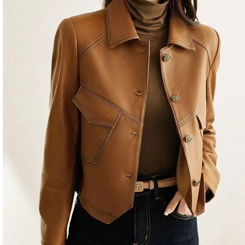 Jackets- Stitched Faux Leather Crop Jacket Outwear- - IndioGear.com