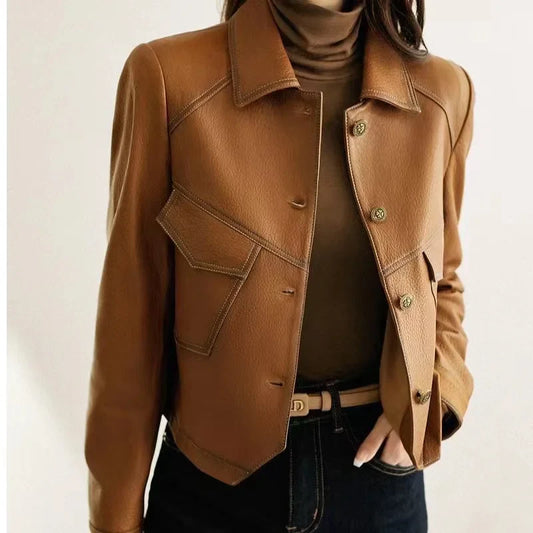 Jackets- Stitched Faux Leather Crop Jacket Outwear- Camel- IndioGear.com