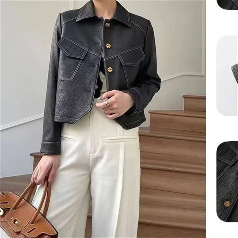 Jackets- Stitched Faux Leather Crop Jacket Outwear- - IndioGear.com