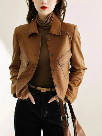 Jackets- Stitched Faux Leather Crop Jacket Outwear- - IndioGear.com