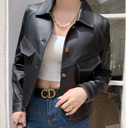 Jackets- Stitched Faux Leather Crop Jacket Outwear- Black- IndioGear.com