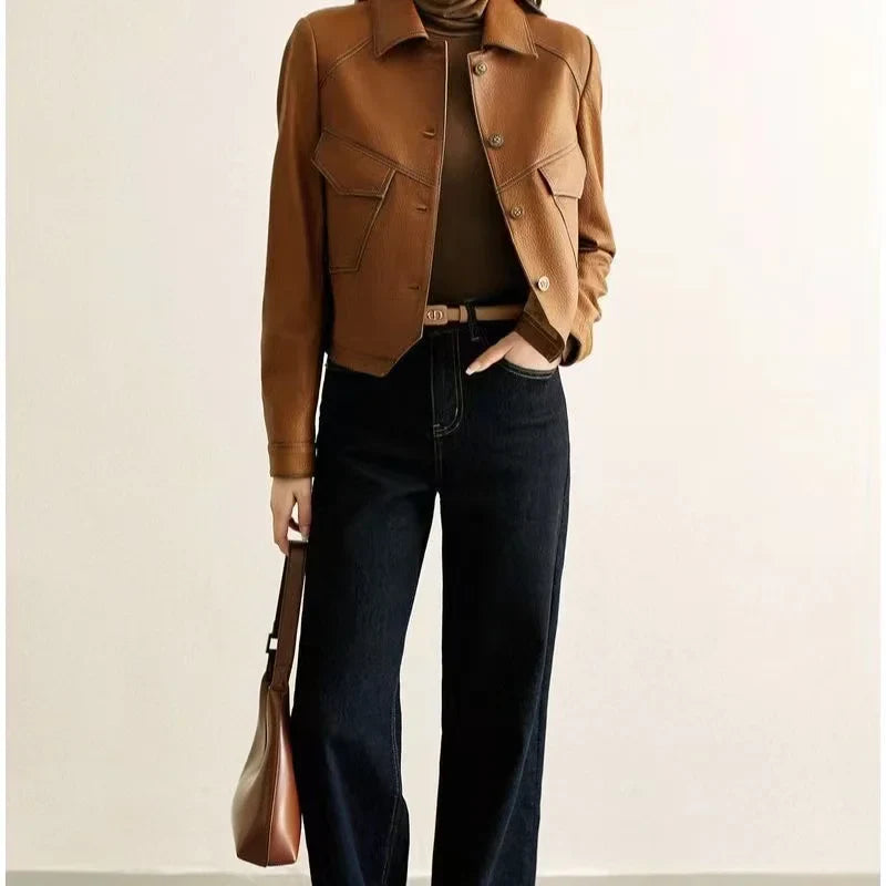 Jackets- Stitched Faux Leather Crop Jacket Outwear- - IndioGear.com