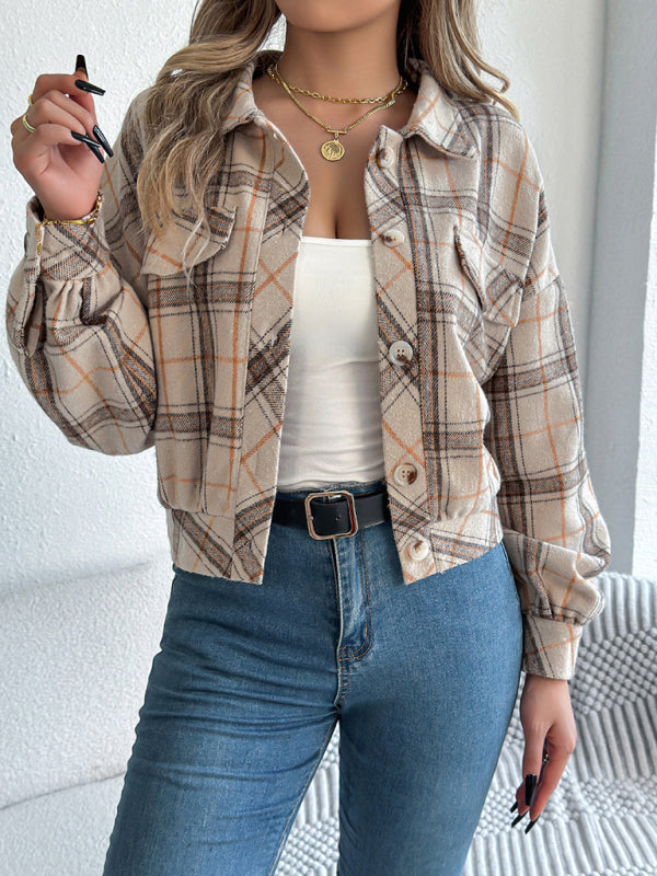 Jackets- Tan Plaid Shacket Autumn Crop Jacket- - IndioGear Women Clothing