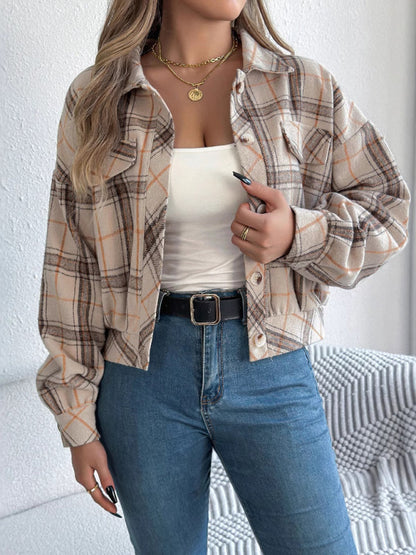 Jackets- Tan Plaid Shacket Autumn Crop Jacket- - IndioGear Women Clothing