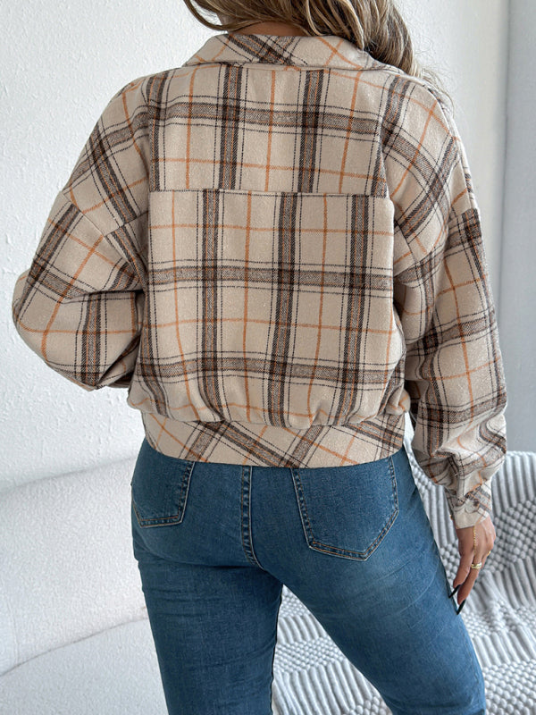 Jackets- Tan Plaid Shacket Autumn Crop Jacket- - IndioGear Women Clothing