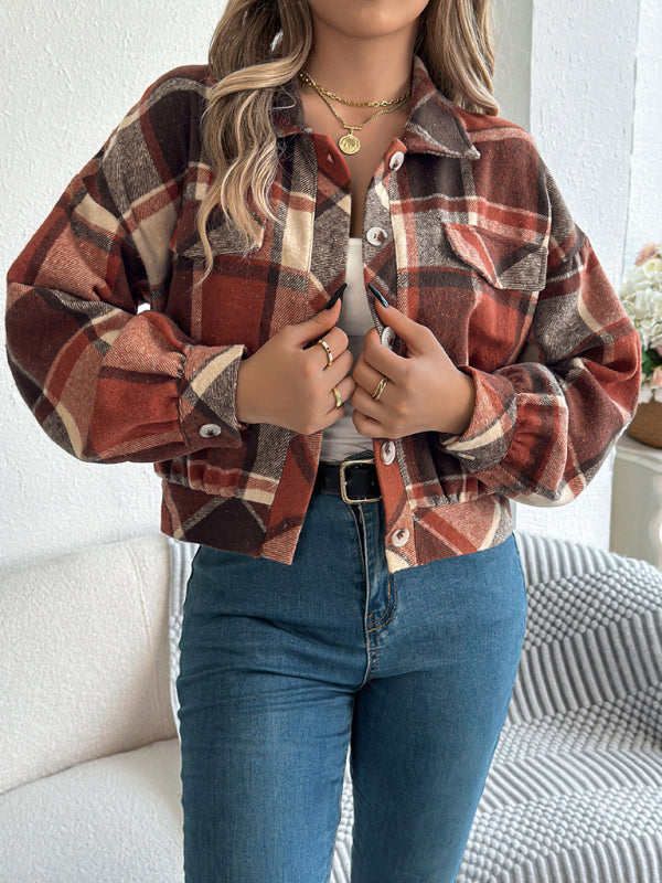 Jackets- Tan Plaid Shacket Autumn Crop Jacket- - IndioGear Women Clothing