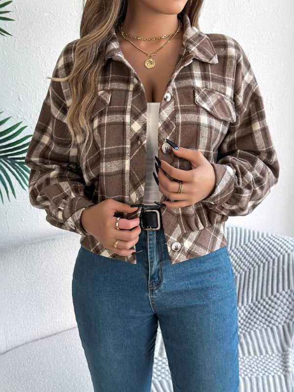 Jackets- Tan Plaid Shacket Autumn Crop Jacket- - IndioGear Women Clothing