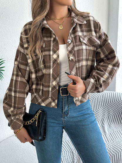 Jackets- Tan Plaid Shacket Autumn Crop Jacket- - IndioGear Women Clothing