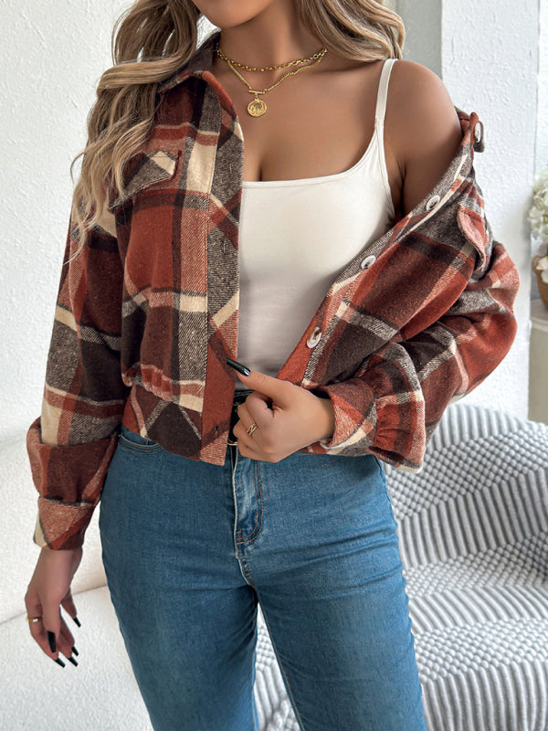 Jackets- Tan Plaid Shacket Autumn Crop Jacket- - IndioGear Women Clothing