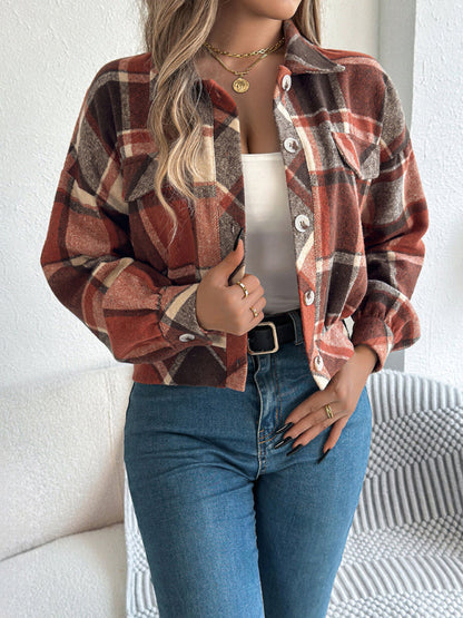 Jackets- Tan Plaid Shacket Autumn Crop Jacket- Orange- IndioGear Women Clothing