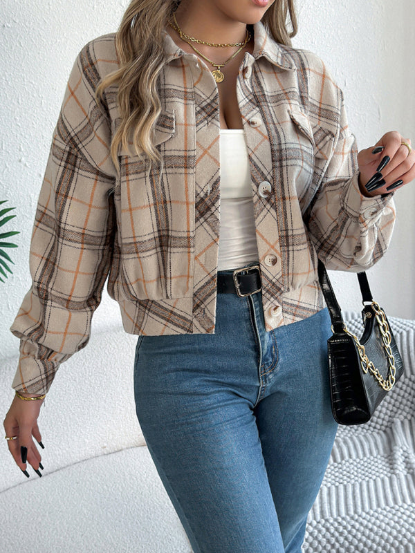 Jackets- Tan Plaid Shacket Autumn Crop Jacket- - IndioGear Women Clothing