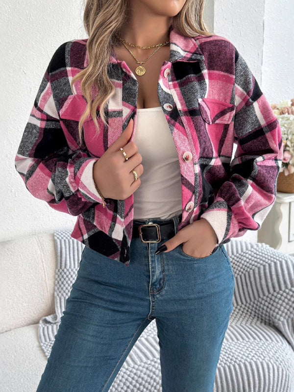 Jackets- Tan Plaid Shacket Autumn Crop Jacket- Rose- IndioGear Women Clothing