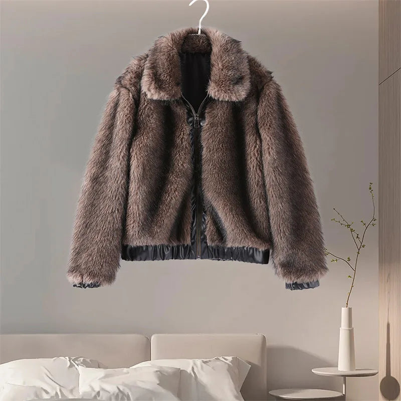 Jackets- Trendy Cropped Faux Fur Jacket for Fashion-Forward Women- - IndioGear