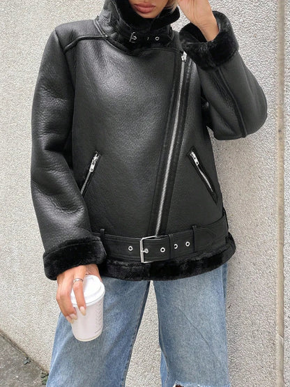 Jackets- Women Black Faux Leather Fur-Trimmed Jacket for Autumn and Winter- Black- IndioGear.com