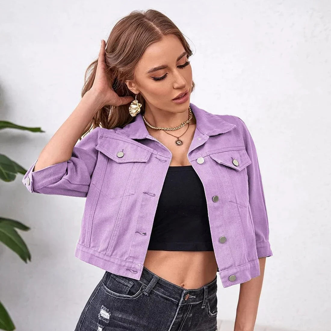 Jackets- Women Boxy Denim Jacket with 3/4 Sleeves- - IndioGear.com