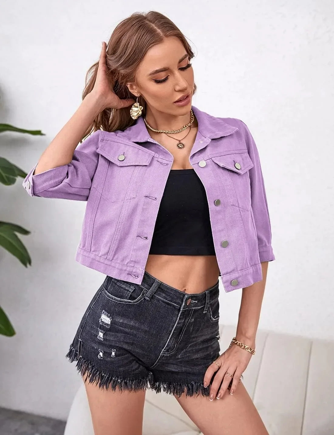 Jackets- Women Boxy Denim Jacket with 3/4 Sleeves- - IndioGear.com