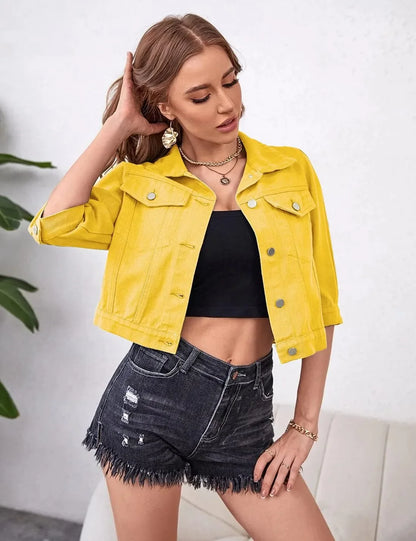 Jackets- Women Boxy Denim Jacket with 3/4 Sleeves- - IndioGear.com