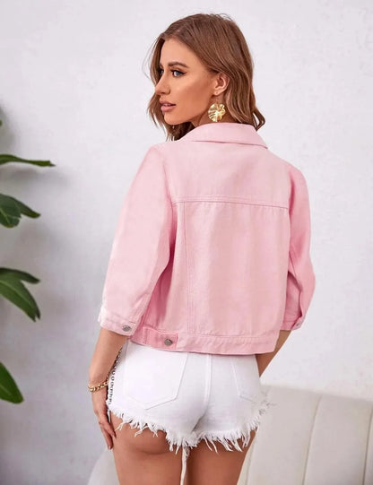 Jackets- Women Boxy Denim Jacket with 3/4 Sleeves- - IndioGear.com