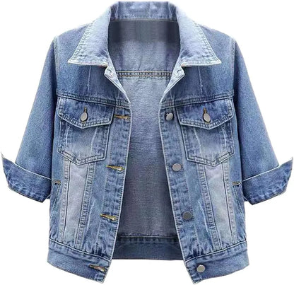 Jackets- Women Boxy Denim Jacket with 3/4 Sleeves- - IndioGear.com