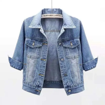 Jackets- Women Boxy Denim Jacket with 3/4 Sleeves- Blue- IndioGear.com