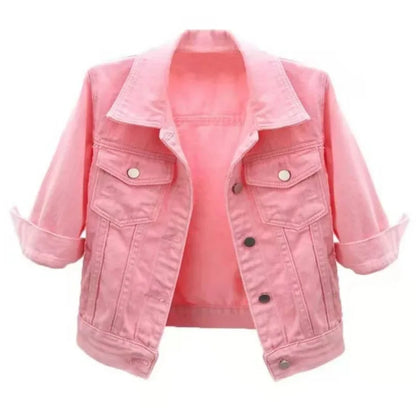 Jackets- Women Boxy Denim Jacket with 3/4 Sleeves- Pink- IndioGear.com