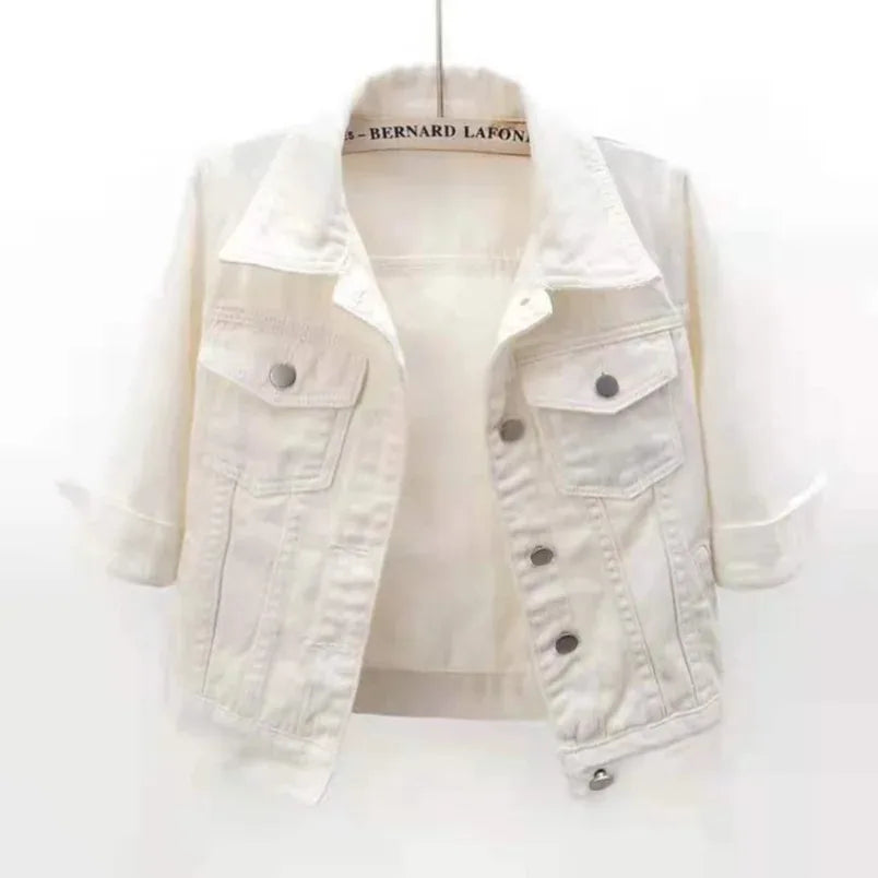 Jackets- Women Boxy Denim Jacket with 3/4 Sleeves- White- IndioGear.com