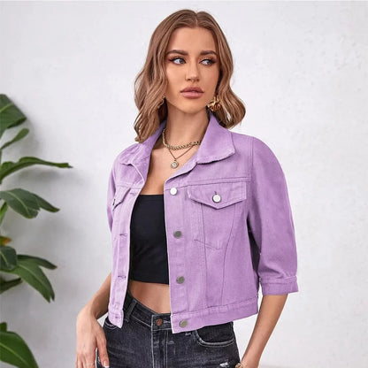 Jackets- Women Boxy Denim Jacket with 3/4 Sleeves- - IndioGear.com